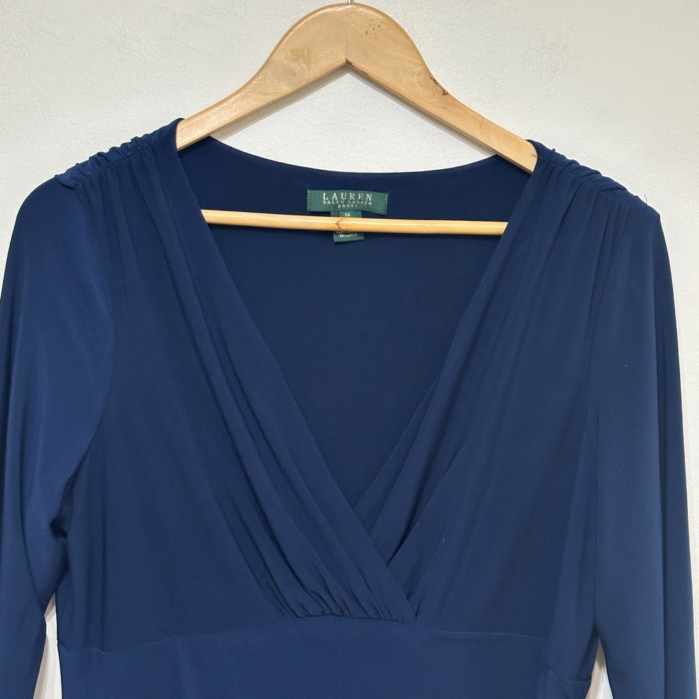 Lauren Ralph Lauren Ruched Dress Womens 14 Navy Surplice Sheath Stretch Classic - Picture 2 of 10